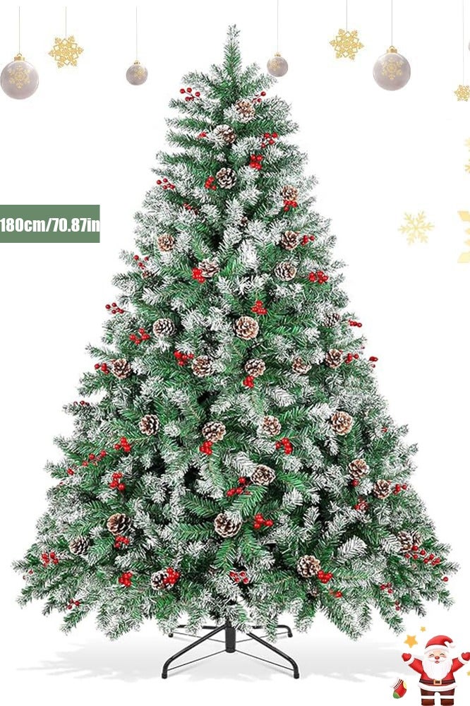 VUCATIN Christmas Tree Artificial Xmas Tree Decoration with Pine Cones Red Berries Snowy Flocked Christmas Tree Indoor Outdoor Ornaments Gifts for Home Party Festival Holiday (C:180CM) - Image 1