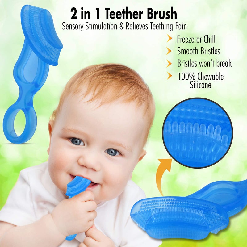 Brilliant Baby’s First Toothbrush & Teether - Dentist Recommended, Freezer-Safe Silicone for Ages 4+ Months, Teething Relief + Dental Care, Dishwasher Safe, Blue - Image 4