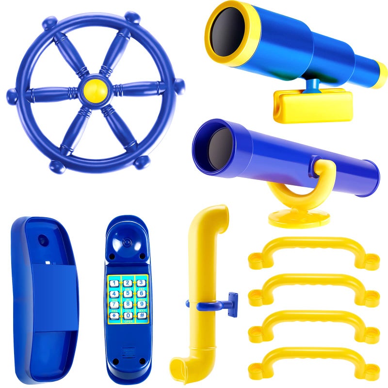 Deekin 9 Pcs Playground Accessories Swing Set Pirate Playground Equipment Set Include Plastic Wheel Telescope Periscope Telephone Safety Handle Bars for Outdoor PlayhouseYellow Blue - Image 2