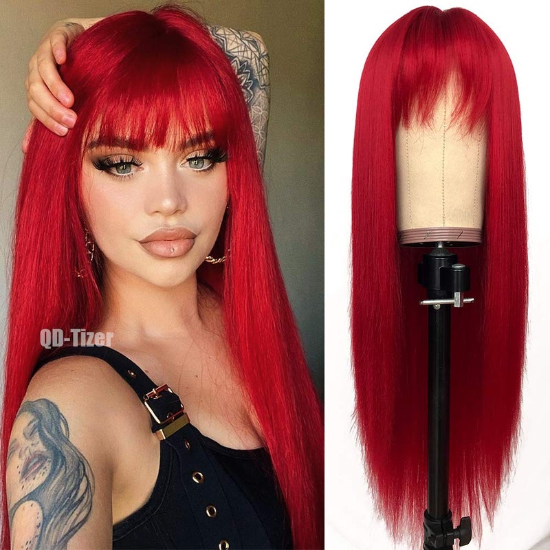 QD-Tizer Red Color Long Silky Straight Wigs with Bangs Synthetic No Lace Wig for Fashion Women Heat Resistant Natural Looking Hair Wig for Party Cosplay - Image 1