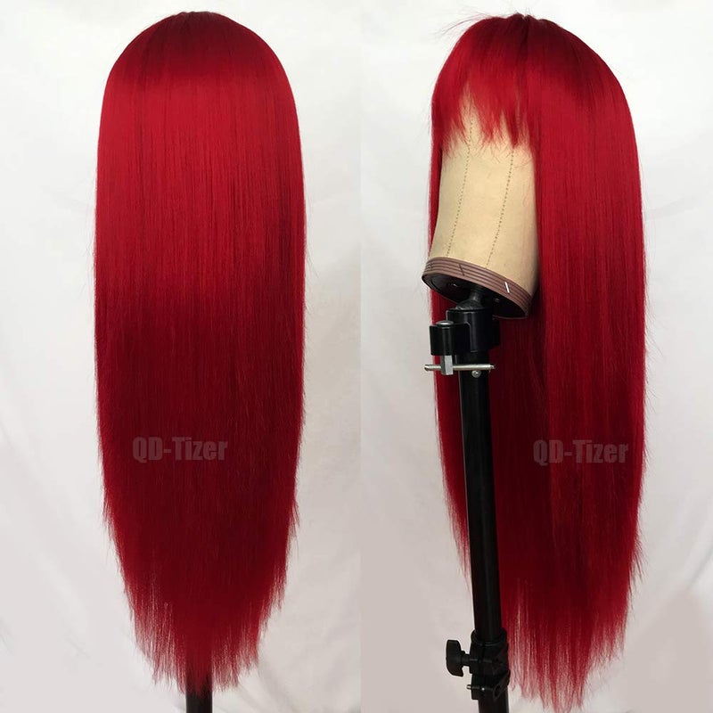 QD-Tizer Red Color Long Silky Straight Wigs with Bangs Synthetic No Lace Wig for Fashion Women Heat Resistant Natural Looking Hair Wig for Party Cosplay - Image 3