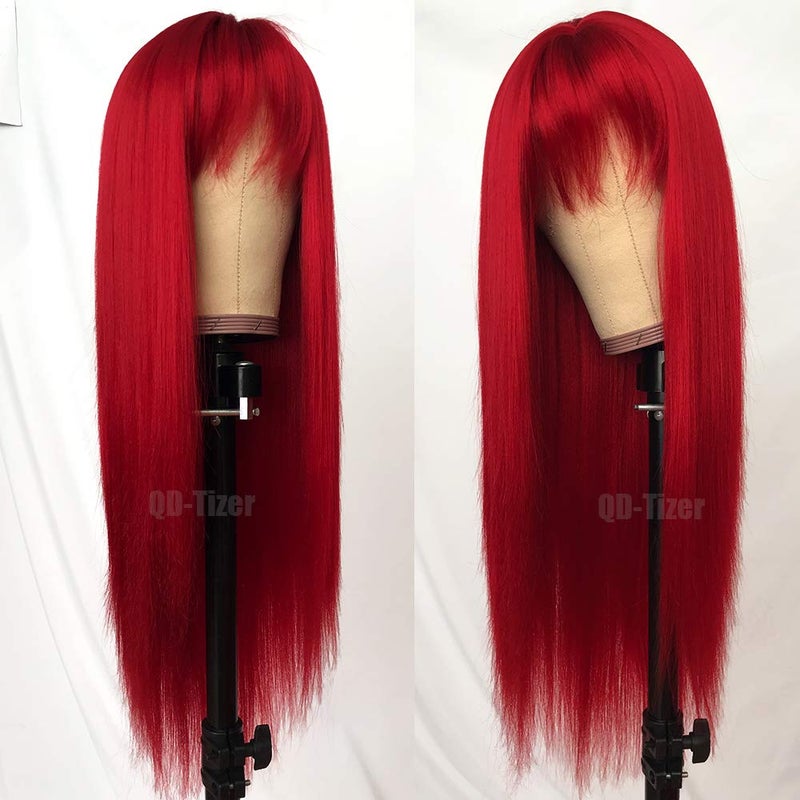 QD-Tizer Red Color Long Silky Straight Wigs with Bangs Synthetic No Lace Wig for Fashion Women Heat Resistant Natural Looking Hair Wig for Party Cosplay - Image 4