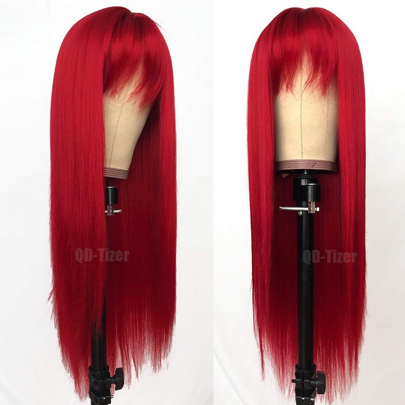 QD-Tizer Red Color Long Silky Straight Wigs with Bangs Synthetic No Lace Wig for Fashion Women Heat Resistant Natural Looking Hair Wig for Party Cosplay - Image 2