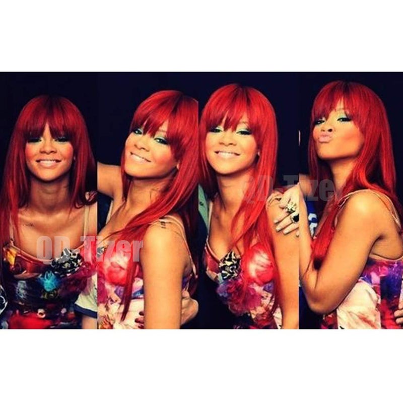 QD-Tizer Red Color Long Silky Straight Wigs with Bangs Synthetic No Lace Wig for Fashion Women Heat Resistant Natural Looking Hair Wig for Party Cosplay - Image 5