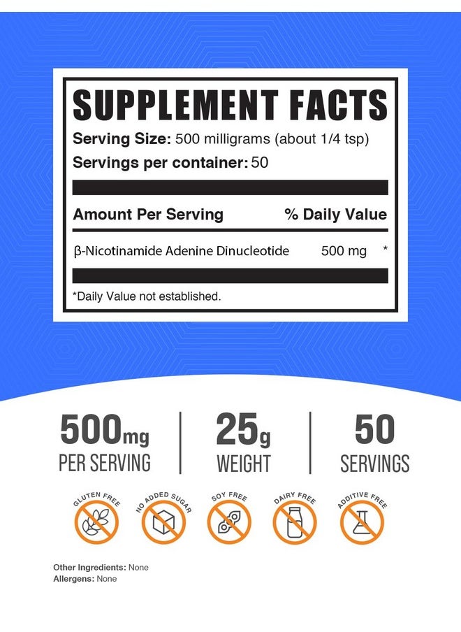 بالك سابلمنتس مسحوق NAD من BulkSupplements.com - نيكوتيناميد أدينين دينوكليوتيد، مكمل NAD 500 مجم - لدعم الطاقة، نقي وخالي من الجلوتين، 500 مجم لكل وجبة، 25 جم (0.88 أونصة) (عبوة واحدة)  - Image 2