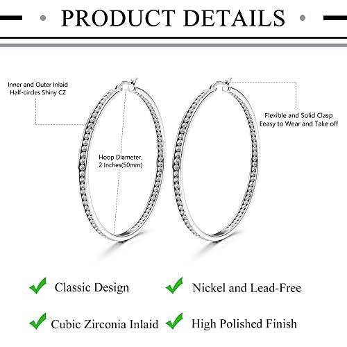 ORAZIO Stainless Steel Women Hoop Earrings Cute Huggie Earrings Cubic Zirconia Inlaid 50MM (A: Silver-tone) - Image 2