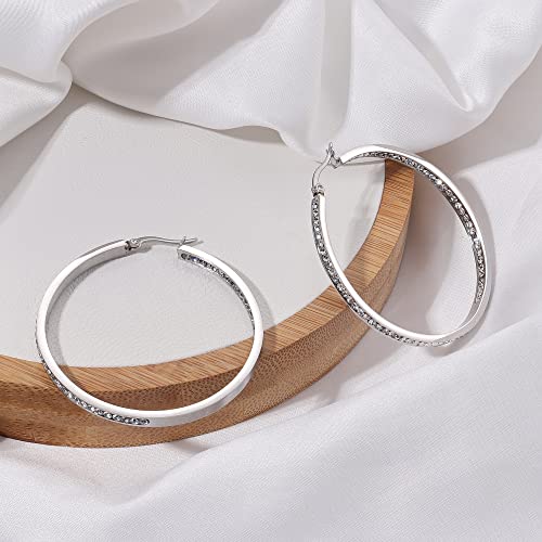 ORAZIO Stainless Steel Women Hoop Earrings Cute Huggie Earrings Cubic Zirconia Inlaid 50MM (A: Silver-tone) - Image 5