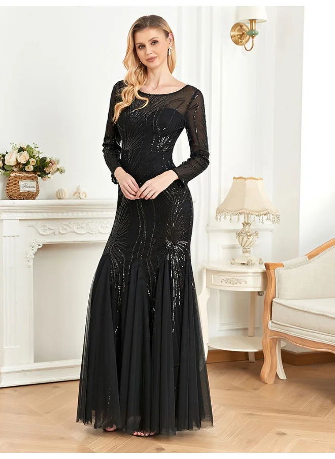 Madam Uniq Elegant Black Embroidered Sequin Long Sleeve Evening Dress for Bridesmaids and Cocktail Parties