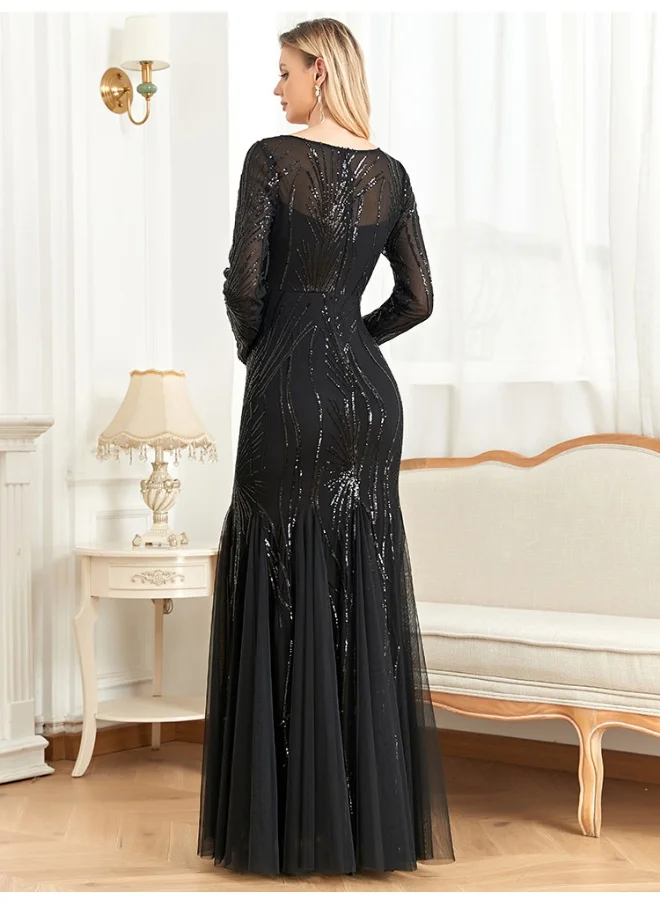 Madam Uniq Elegant Black Embroidered Sequin Long Sleeve Evening Dress for Bridesmaids and Cocktail Parties