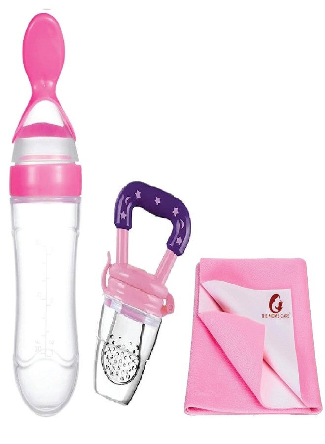Chopchi Silicone Fruit Nibbler Pacifier 1 Pcs, Spoon Feeder Bottle 1 Pcs & Baby Pink Dry Sheet Small Size 50x70cm 1 Pcs for Infant Baby for 0-6 Month Baby (3 Piece Combo Set-Pink) - Image 1