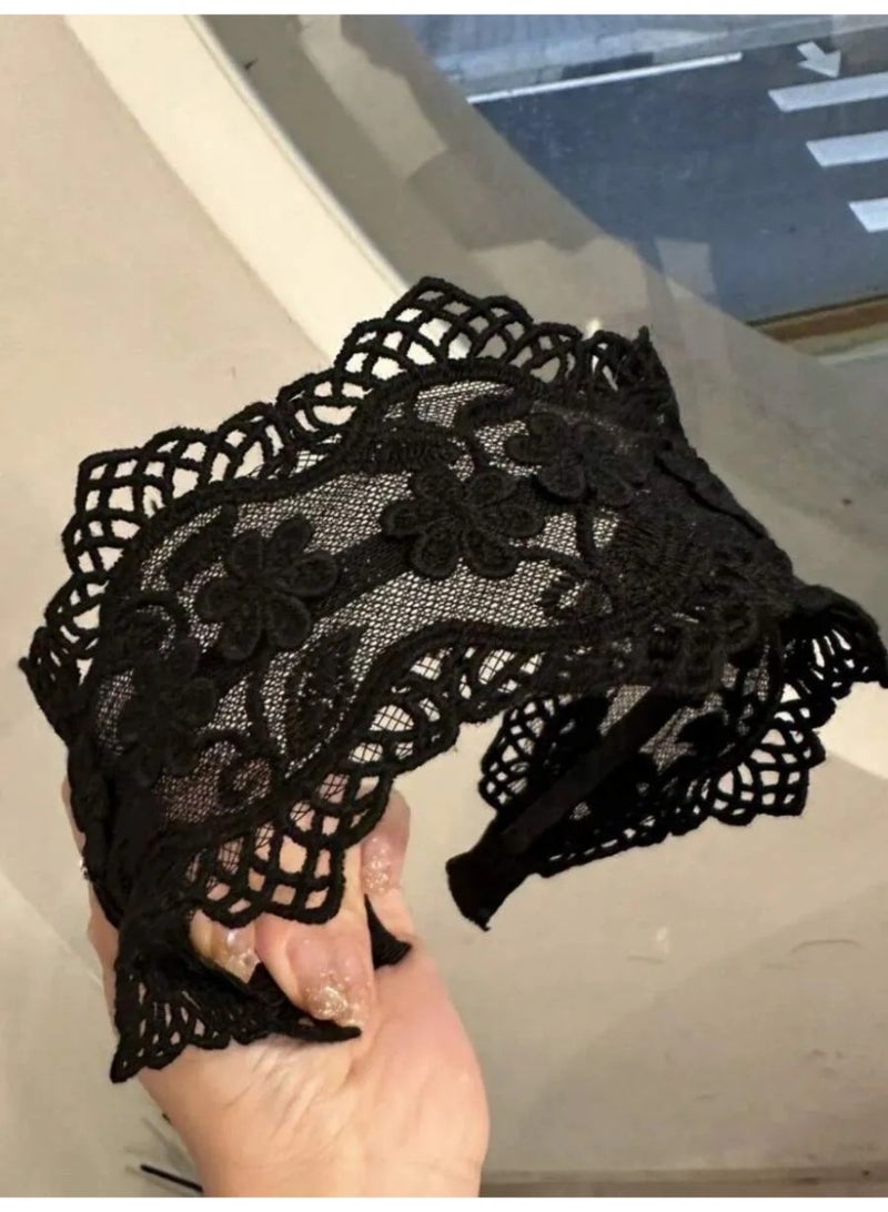 طوقان شعر دانتيل كوري أنثوي – أسود وأبيض 🌸✨ - Image 4