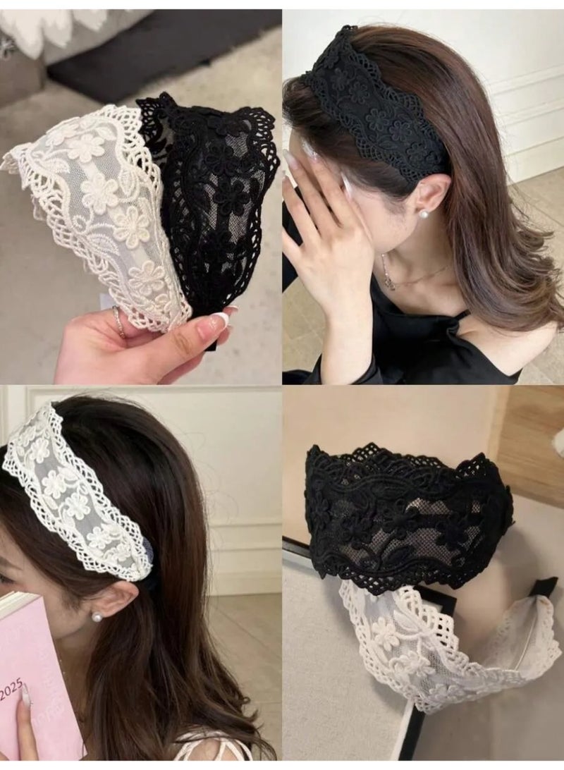 طوقان شعر دانتيل كوري أنثوي – أسود وأبيض 🌸✨ - Image 1