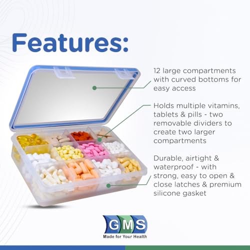 GMS 12 Compartment Vitamin Pill Organizer - Large Size Suitable for Multiple Supplements & Tablets - Safe, Secure Design with Easy Locking Lid - Medicine Cabinet Organizer & Ideal for Travel - Image 2