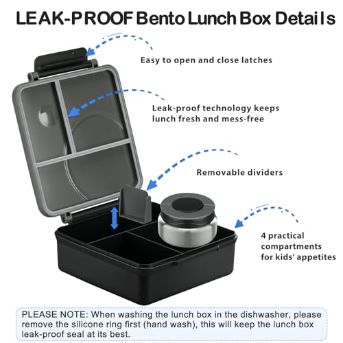 Howeemo Bento Lunch Box Set for Kids with 8oz Soup Thermo, Leak-Proof Lunch Containers with 4 Compartment, Kids Thermo Hot Food Jar and Insulated Lunch Bag for Kid to School-Black - Image 5