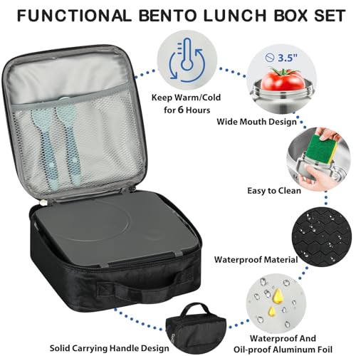 Howeemo Bento Lunch Box Set for Kids with 8oz Soup Thermo, Leak-Proof Lunch Containers with 4 Compartment, Kids Thermo Hot Food Jar and Insulated Lunch Bag for Kid to School-Black - Image 4