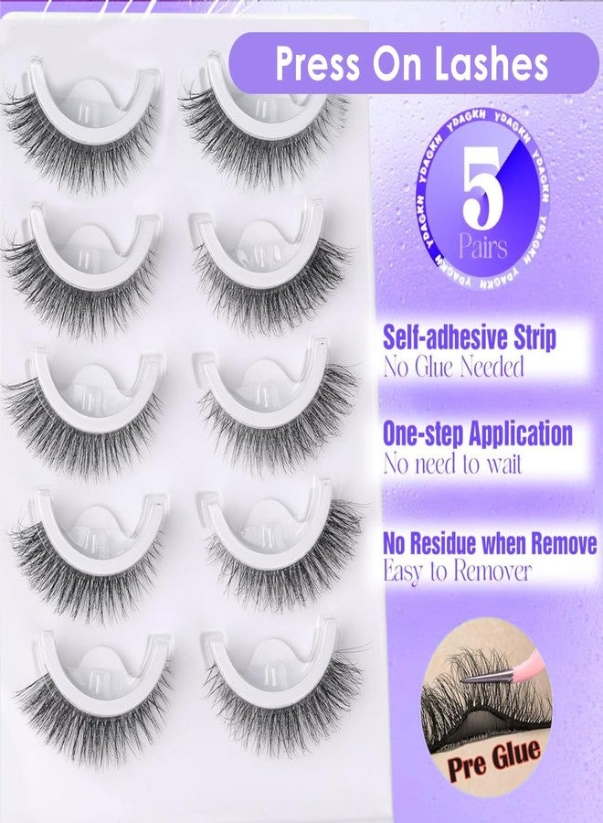 MAYCREATE® 5 Pair Self Adhesive Eyelashes, Natural Self Adhesive Lashes No Glue Needed Invisible Band Reusable Press On Lashes without Eyeliner Cat Eye Pre Glued Mink Lashes - Image 2