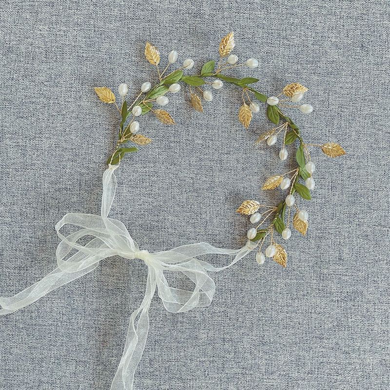 Girls Temperament Mori Green Leaves Pearl Roof Hair Band Snow Gauze Band Hair Ornaments Fresh Green Hair Band Headband One gold leaf