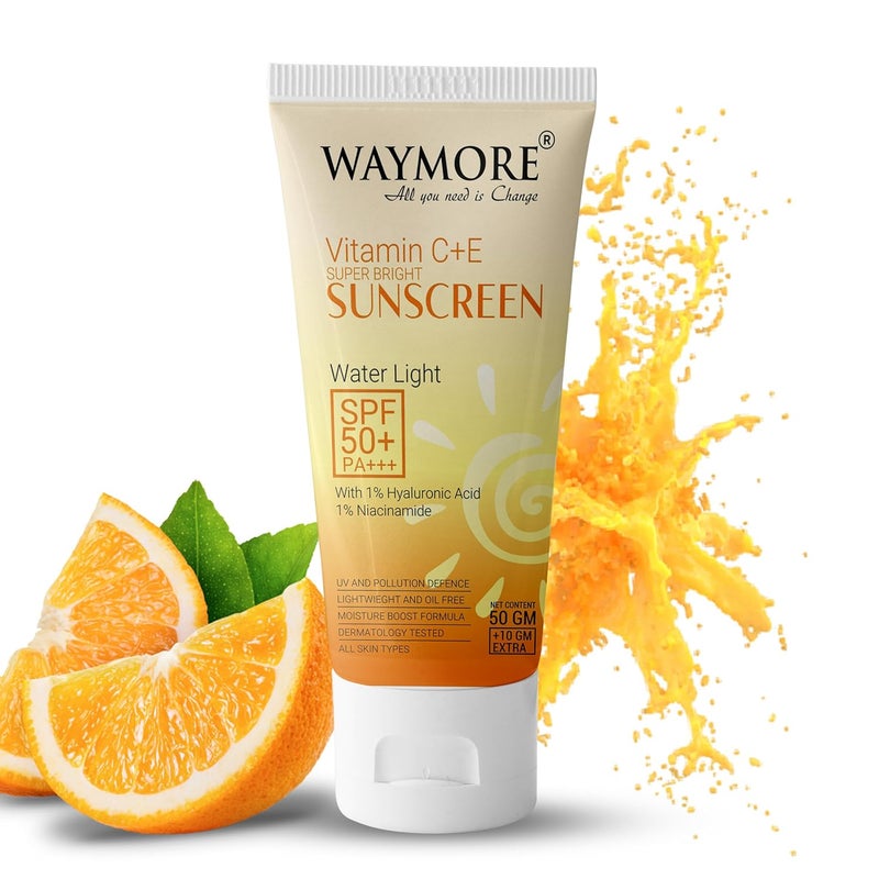 Waymore Vitamin C  Niacinamide Sunscreen SPF 50 PA  Glow Boosting Lightweight  Fast Absorbing  Broad Spectrum UVA  UVB Protection  Prevents Tanning No White Cast NonGreasy  For Men  Women All Skin Types  60g 50g  10g Extra - Image 2