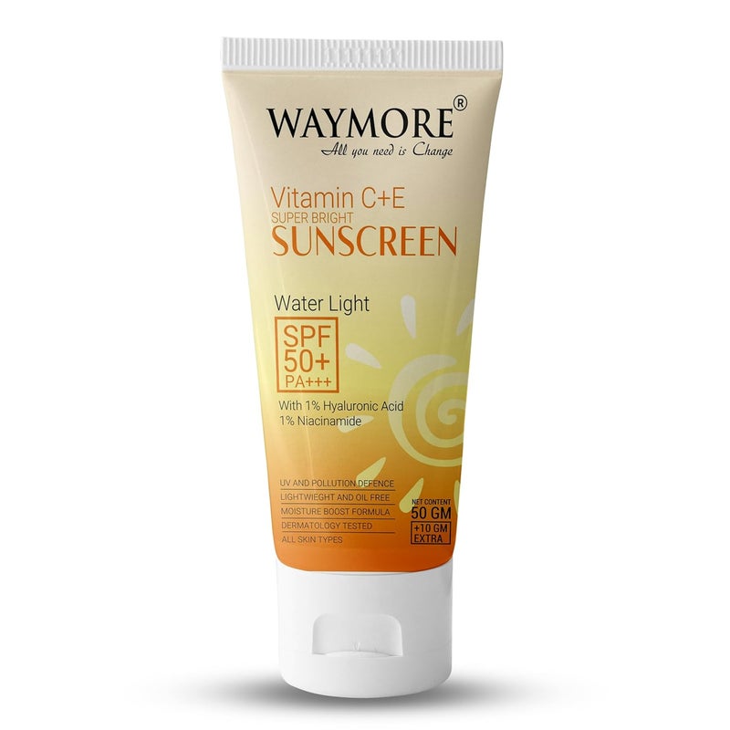 Waymore Vitamin C  Niacinamide Sunscreen SPF 50 PA  Glow Boosting Lightweight  Fast Absorbing  Broad Spectrum UVA  UVB Protection  Prevents Tanning No White Cast NonGreasy  For Men  Women All Skin Types  60g 50g  10g Extra - Image 1