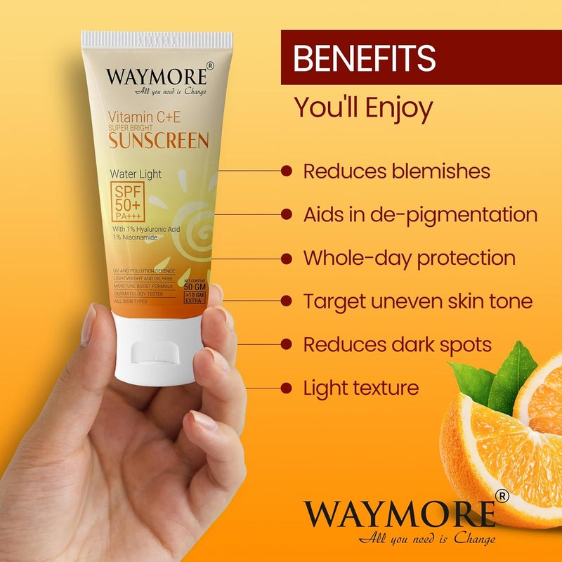 Waymore Vitamin C  Niacinamide Sunscreen SPF 50 PA  Glow Boosting Lightweight  Fast Absorbing  Broad Spectrum UVA  UVB Protection  Prevents Tanning No White Cast NonGreasy  For Men  Women All Skin Types  60g 50g  10g Extra - Image 5