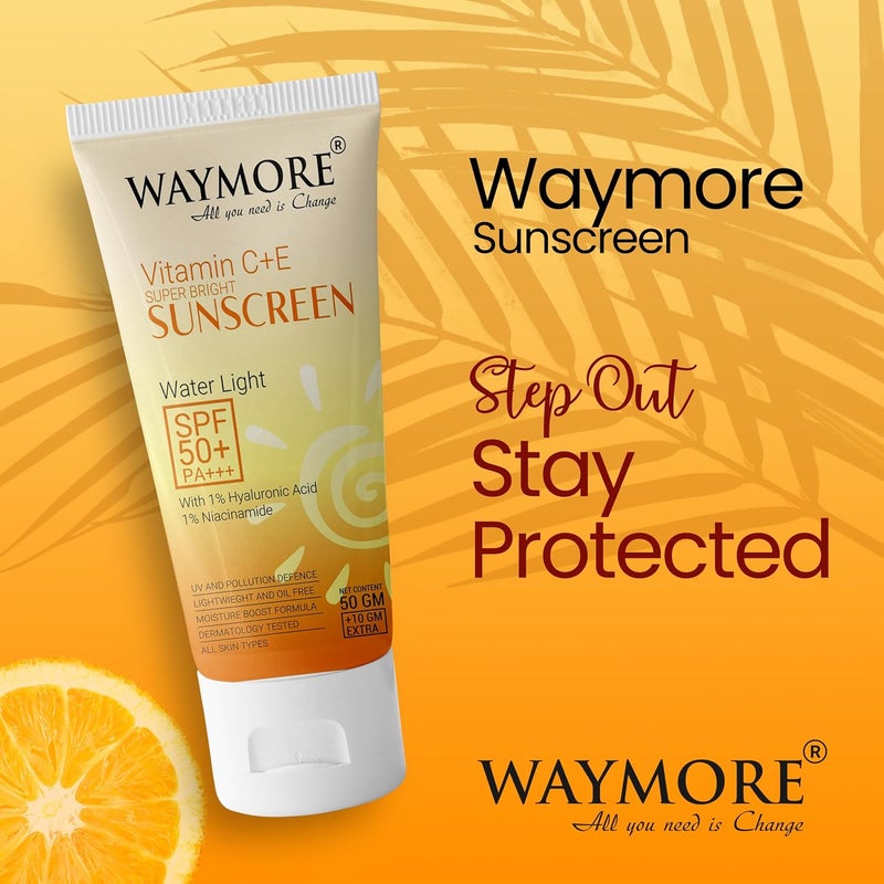 Waymore Vitamin C  Niacinamide Sunscreen SPF 50 PA  Glow Boosting Lightweight  Fast Absorbing  Broad Spectrum UVA  UVB Protection  Prevents Tanning No White Cast NonGreasy  For Men  Women All Skin Types  60g 50g  10g Extra - Image 3