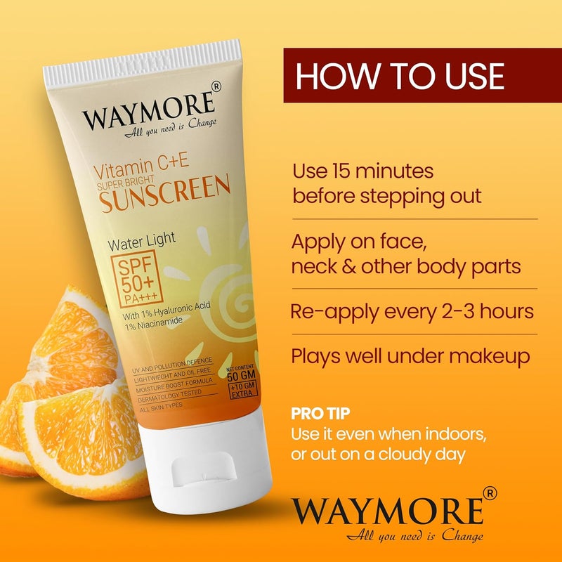 Waymore Vitamin C  Niacinamide Sunscreen SPF 50 PA  Glow Boosting Lightweight  Fast Absorbing  Broad Spectrum UVA  UVB Protection  Prevents Tanning No White Cast NonGreasy  For Men  Women All Skin Types  60g 50g  10g Extra - Image 4