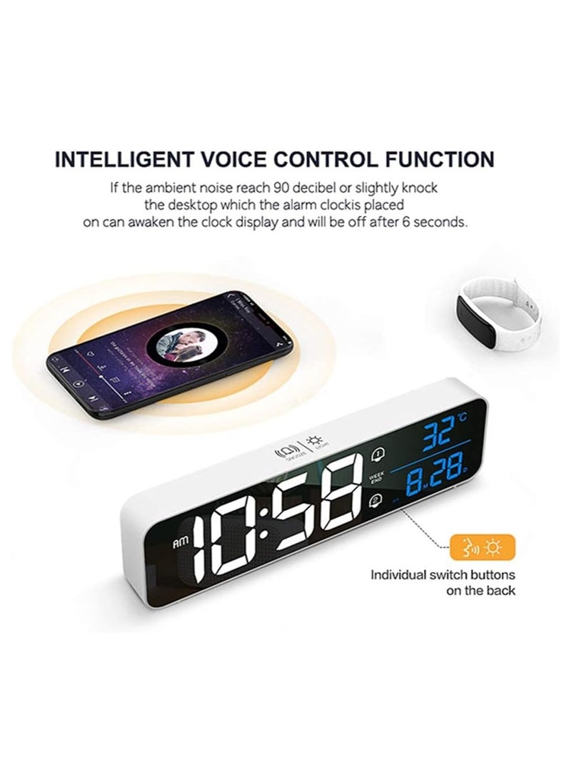 Dubkart - Digital Clock, Large LED display with rechargeable battery. Sound-activated snooze feature, displays date and temperature. Ideal for living rooms, bedrooms, kitchens, and offices. White color. - Image 1