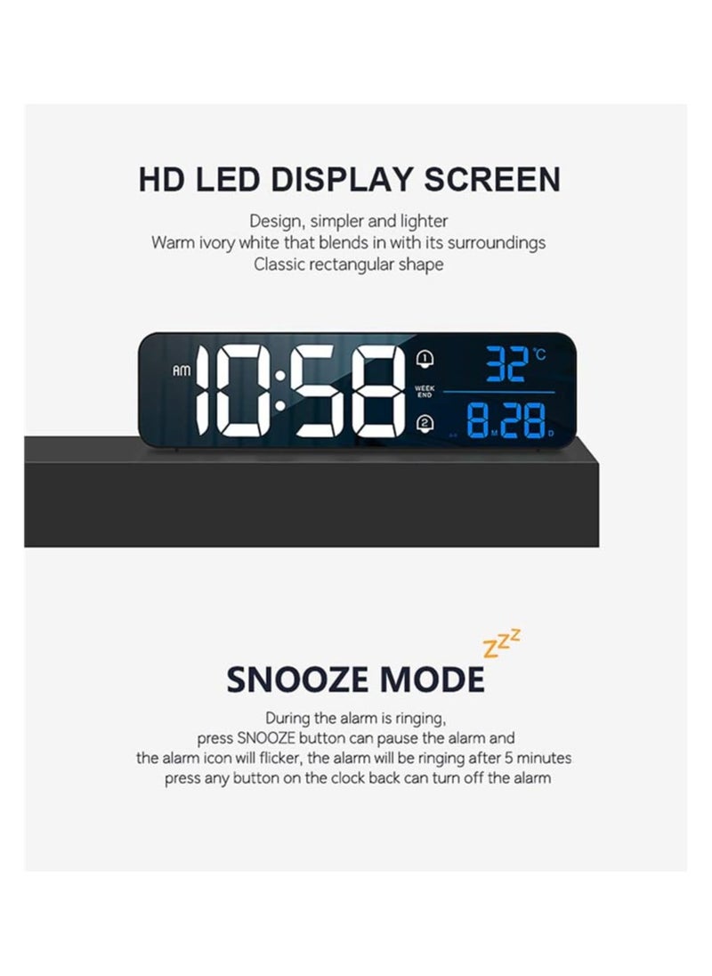 Dubkart - Digital Clock, Large LED display with rechargeable battery. Sound-activated snooze feature, displays date and temperature. Ideal for living rooms, bedrooms, kitchens, and offices. White color. - Image 1