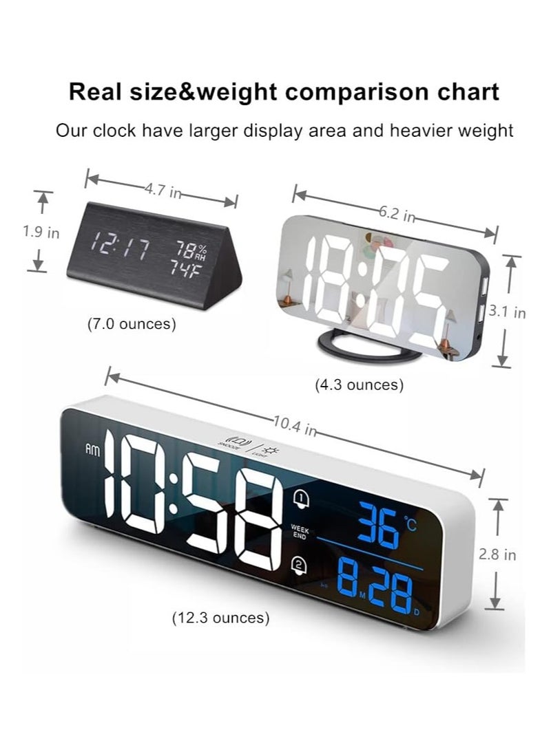Dubkart - Digital Clock, Large LED display with rechargeable battery. Sound-activated snooze feature, displays date and temperature. Ideal for living rooms, bedrooms, kitchens, and offices. White color. - Image 1