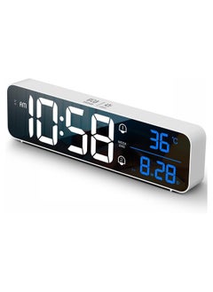 Digital Clock, Large LED display with rechargeable battery. Sound-activated snooze feature, displays date and temperature. Ideal for living rooms, bedrooms, kitchens, and offices. White color.