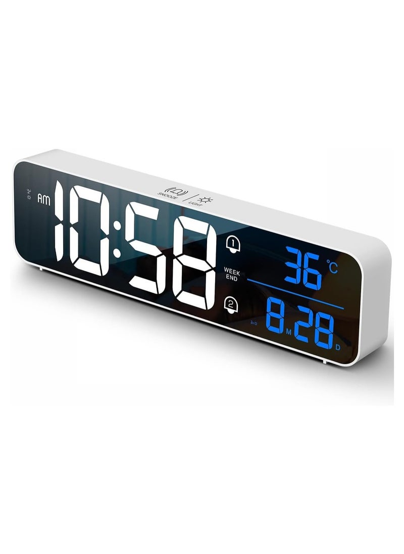 Dubkart - Digital Clock, Large LED display with rechargeable battery. Sound-activated snooze feature, displays date and temperature. Ideal for living rooms, bedrooms, kitchens, and offices. White color. - Image 1