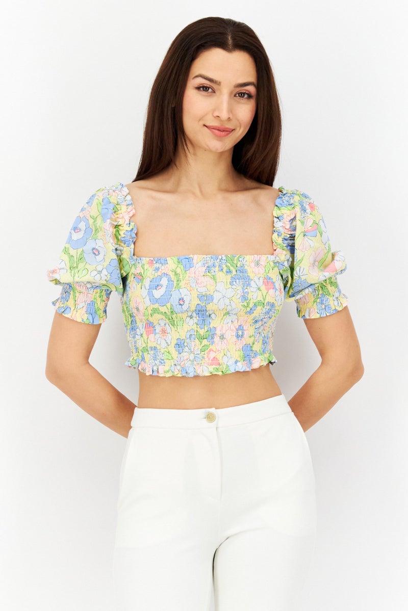 Bar III Women Square Neck Puffed Sleeve Floral Print Crop Top, Multicolor - Image 1
