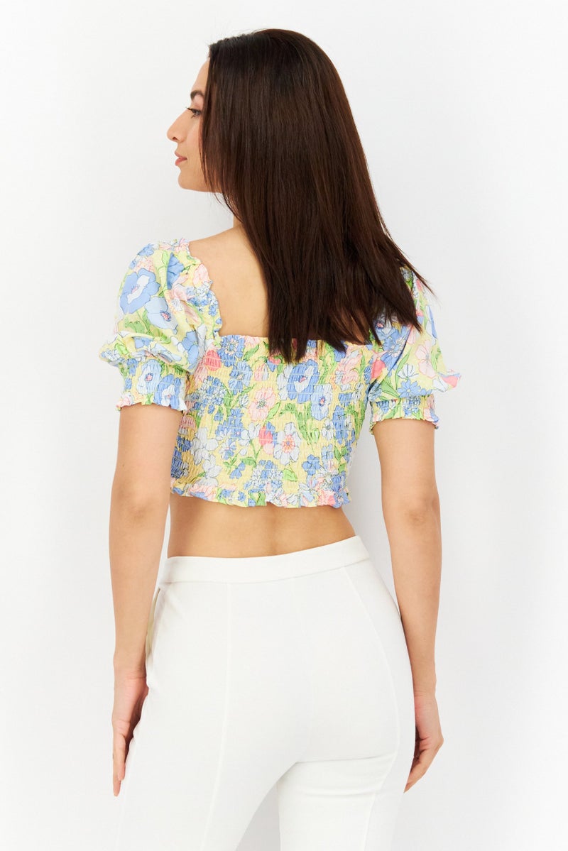 Bar III Women Square Neck Puffed Sleeve Floral Print Crop Top, Multicolor - Image 3