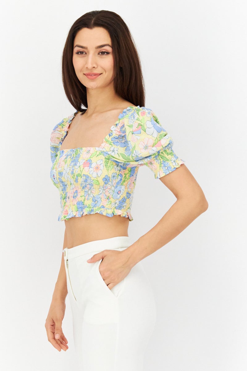 Bar III Women Square Neck Puffed Sleeve Floral Print Crop Top, Multicolor - Image 4