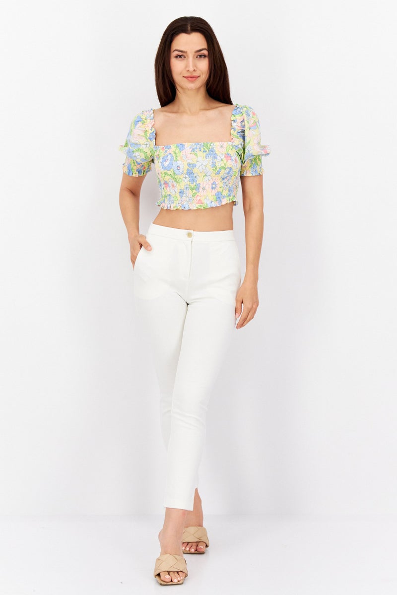 Bar III Women Square Neck Puffed Sleeve Floral Print Crop Top, Multicolor - Image 2