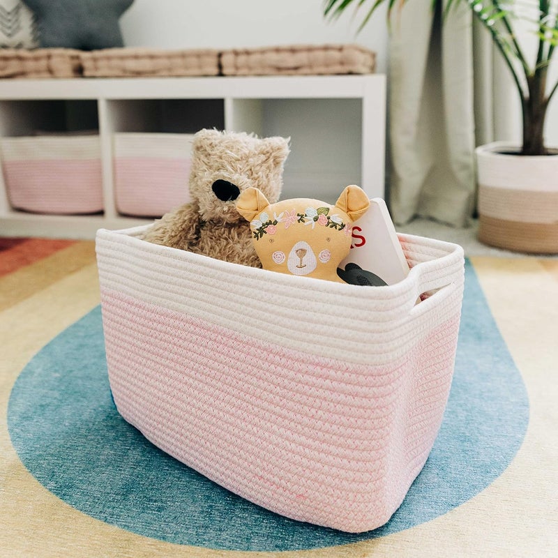 OrganiHaus Pink Basket for Books Toy Organizers and Storage for Girls Towel Baskets for Bathroom Woven Baskets for Storage Decorative Rope Storage Baskets Cotton Rope Basket for Storage - Image 3