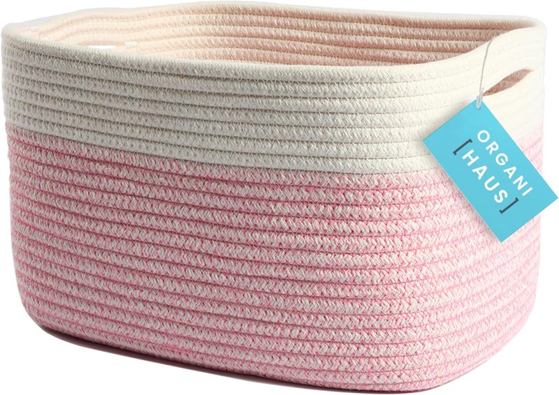 OrganiHaus Pink Basket for Books Toy Organizers and Storage for Girls Towel Baskets for Bathroom Woven Baskets for Storage Decorative Rope Storage Baskets Cotton Rope Basket for Storage - Image 1