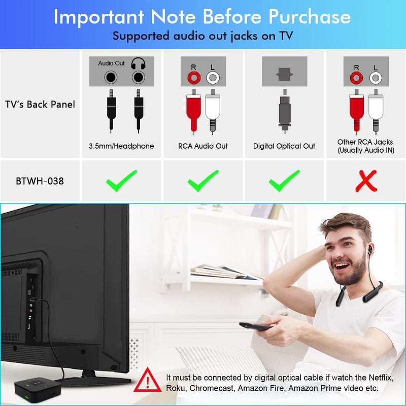 Golvery Bluetooth Headphones Transmitter for TV Watching, Neckband Wireless Stereo Earphones Earbuds Set w/Transmitter Adapter for Optical Digital RCA 3.5mm Aux TVs, Plug n Play No Audio Delay - Image 2