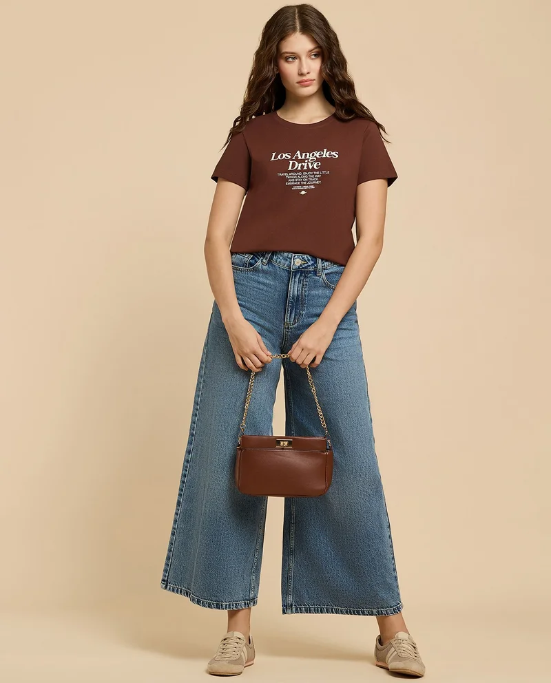 أر أند بي Typography Print T-Shirt with Crew Neck and Short Sleeves
