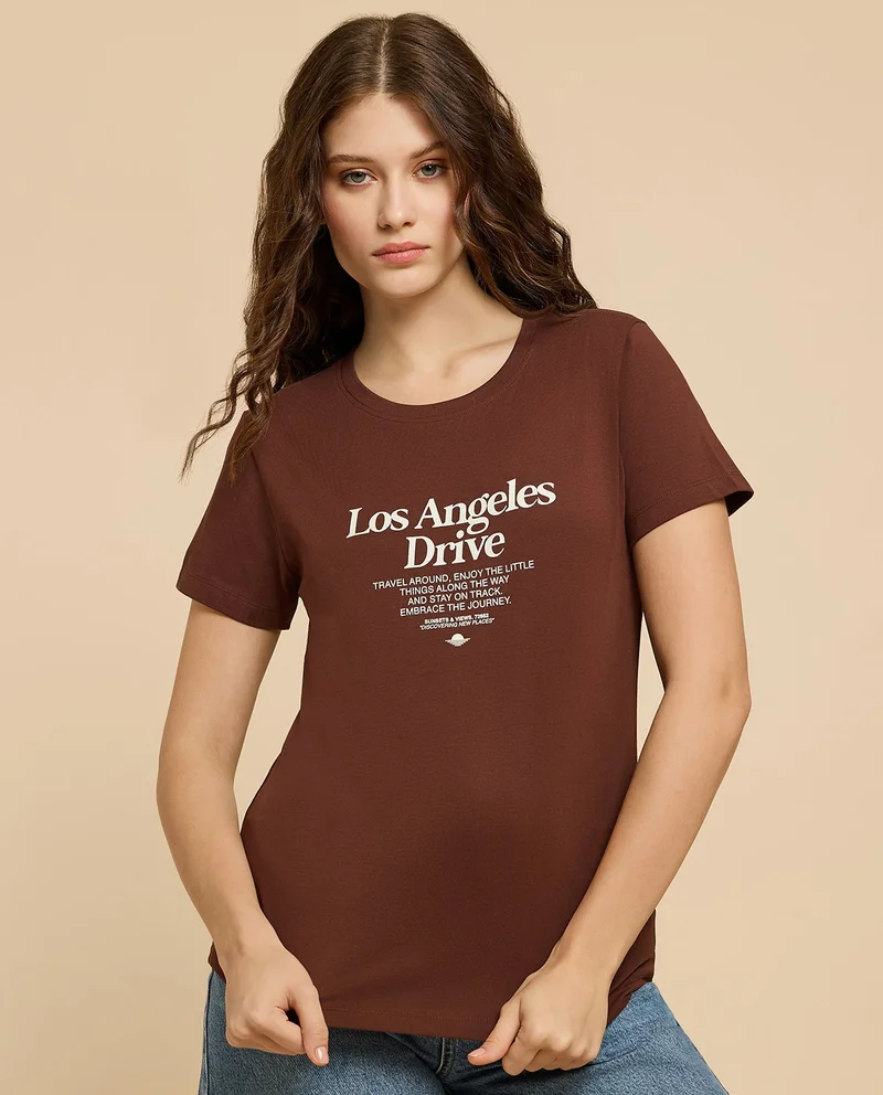 أر أند بي Typography Print T-Shirt with Crew Neck and Short Sleeves