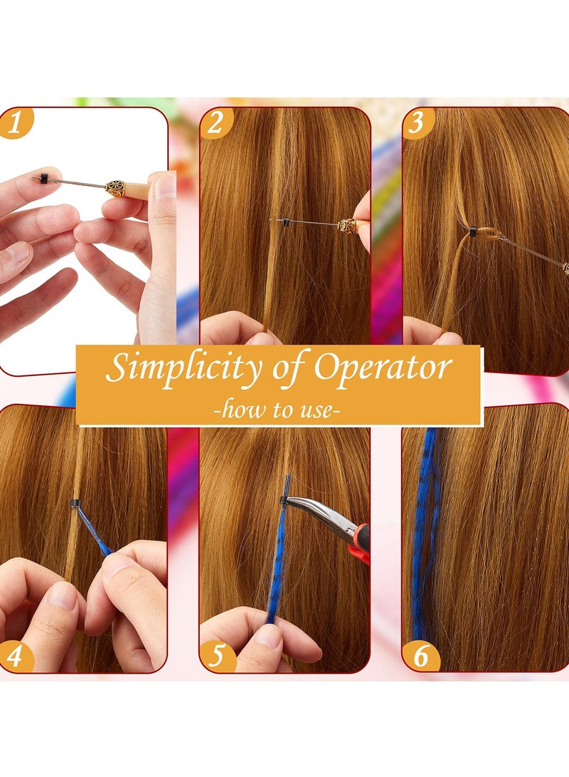 Excefore Colored Synthetic Hair Feather, 52 Pcs Colorful False Hair Extension Mixed Color Straight Hair Feather with 200 Pieces Silicone Lined Micro Ring, Crochet Hook, Hair Extension Remover Plier for Women - Image 5