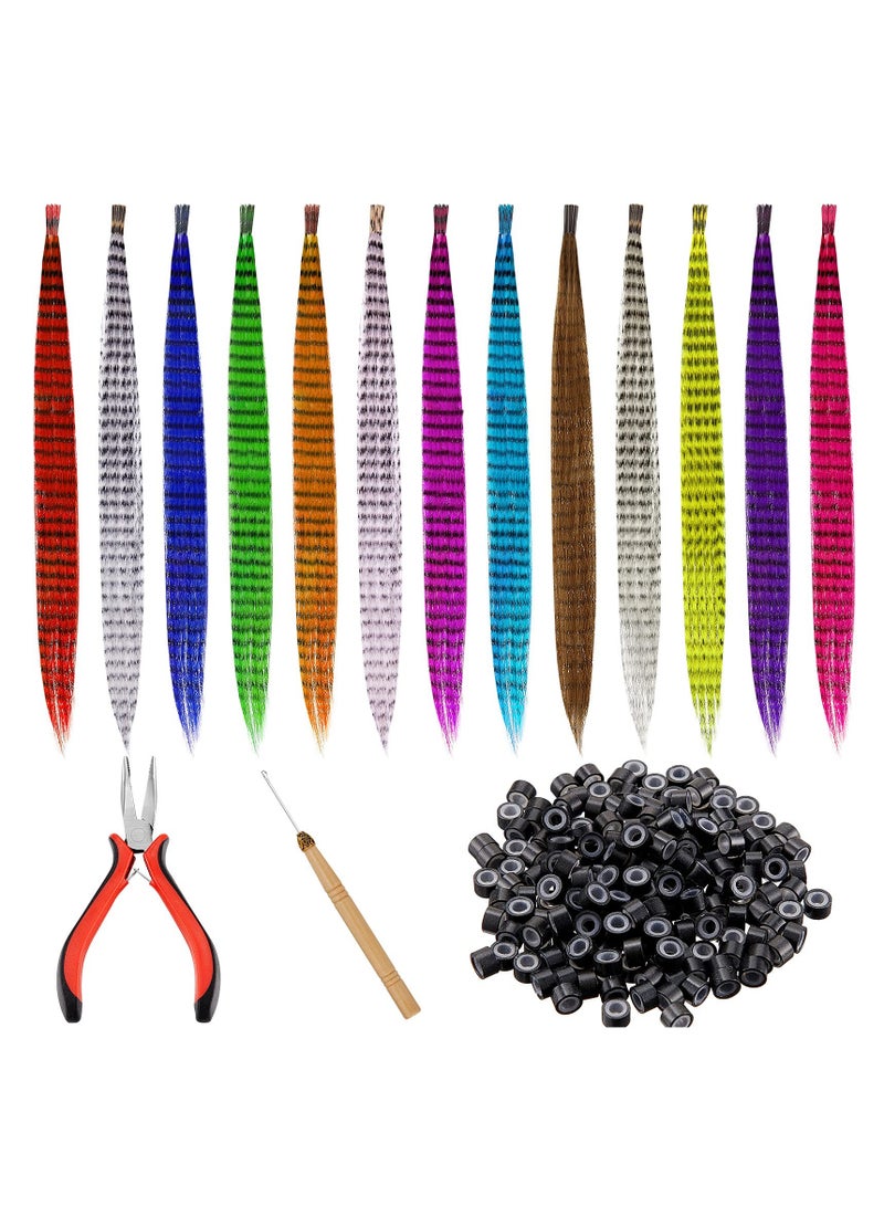 Excefore Colored Synthetic Hair Feather, 52 Pcs Colorful False Hair Extension Mixed Color Straight Hair Feather with 200 Pieces Silicone Lined Micro Ring, Crochet Hook, Hair Extension Remover Plier for Women - Image 1