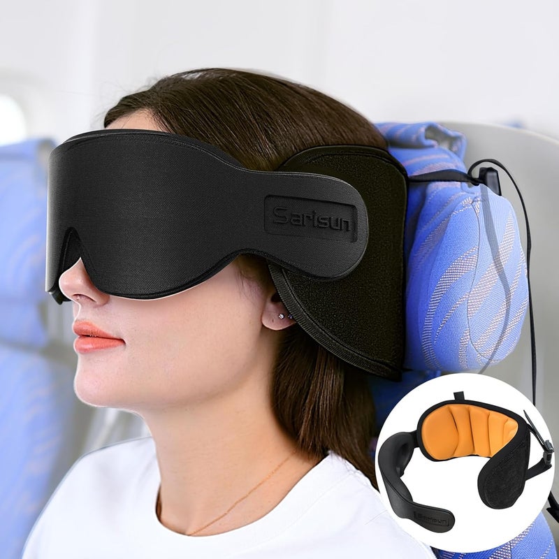SARISUN Travel Pillows for Airplanes, Airplane Pillow for Long Flight, Airplane Head Strap with Eye Mask for Sleep, Travel Neck Pillow for Car Road Trip, 360° Support Headrest, Stop Bobblehead, Yellow - Image 1