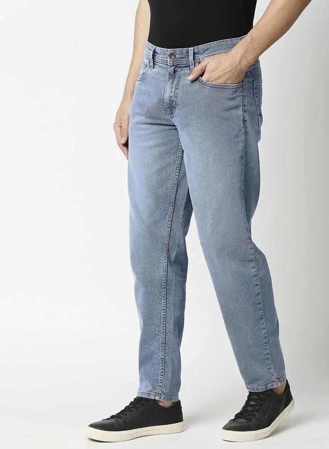HIGH STAR  Men's Blue 100% Cotton Solid Pattern Full Length Relaxed Jeans for Men | Best Price UAE