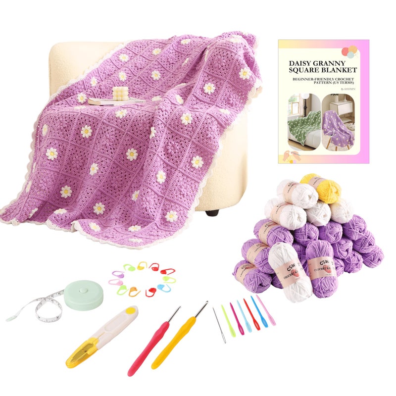 CSWCS Crochet Blanket Kit for Beginner, Purple Daisy Granny Square Throw Kit for Adults, Easy Learn How to Knitting with Yarn & Hook, Complete Starter Set with Step-by-Step Instructions (47'' x 39'') - Image 1