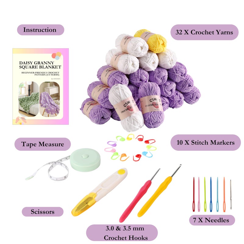 CSWCS Crochet Blanket Kit for Beginner, Purple Daisy Granny Square Throw Kit for Adults, Easy Learn How to Knitting with Yarn & Hook, Complete Starter Set with Step-by-Step Instructions (47'' x 39'') - Image 4