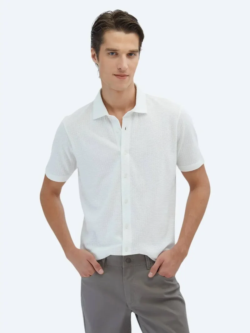 Kip White Patterned Regular Fit Knitting Casual 100% Cotton Shirt