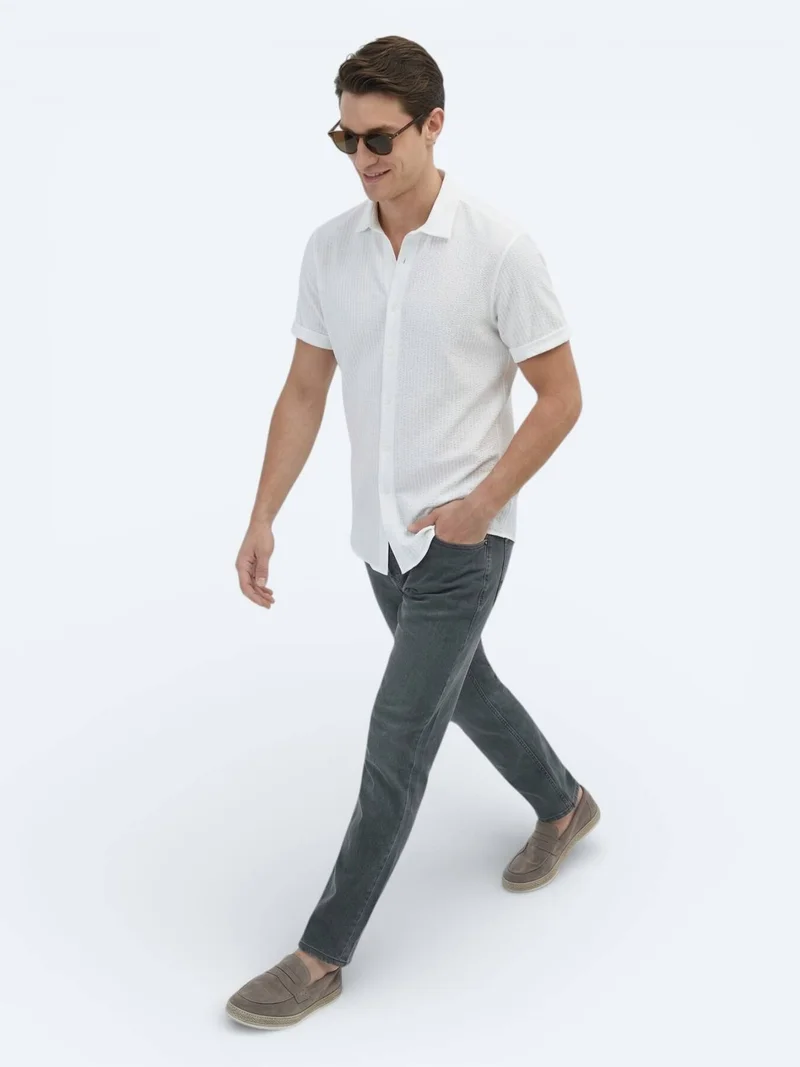 Kip White Patterned Regular Fit Short Knitting Casual 100% Cotton Shirt