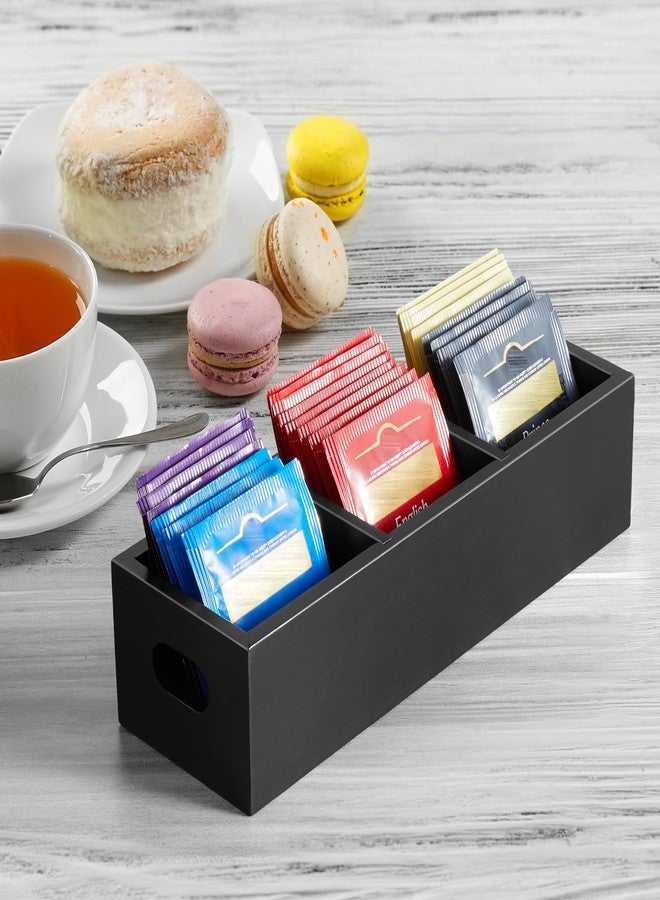 DRASTAR Tea Bag Organizer, Black Wooden Tea Bag Holder, Tea Storage Containers with 3 Slots, Sugar Packet Holder, Tea Bag Caddy Box for Countertop - Image 2