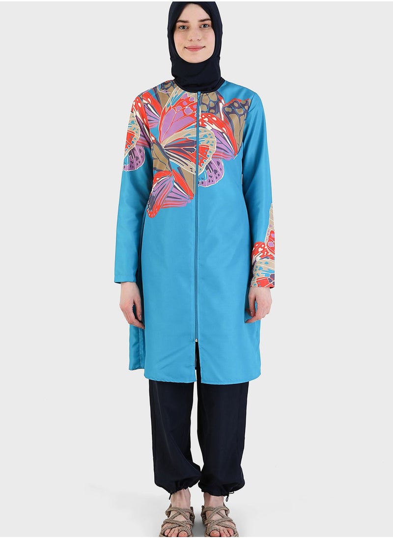 Mayo Bella by Modanisa - Printed Zip Detail Burkini Set - Image 1